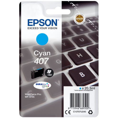 ORIGINAL EPSON 407 Tintenpatrone cyan 1.900 Seiten, 20,30 ml (C 13 T 07U240)