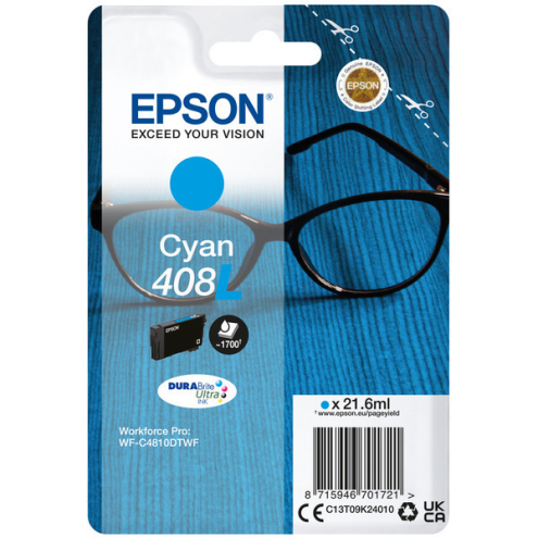 ORIGINAL EPSON 408L Tintenpatrone cyan High-Capacity 1.700 Seiten, 21,60 ml (C 13 T 09K24010)