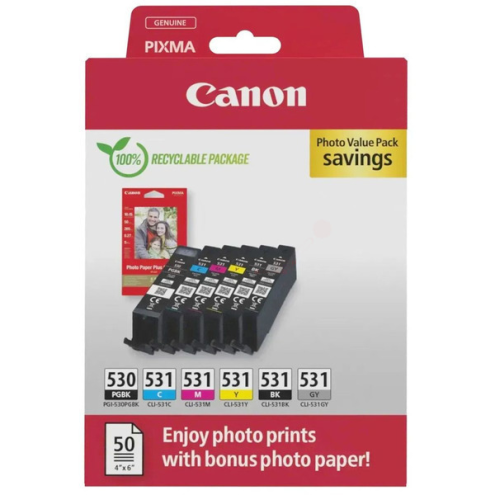 ORIGINAL CANON PGI530CLI531 Tintenpatrone MultiPack 1xPGI + 5x CLI Bk,C,M,Y,GY + Fotopapier PP-201 18,5ml + 5x 8,2ml (6117 C 004)