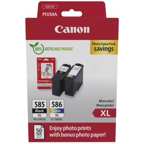 ORIGINAL CANON PG585XLCL586XL Tintenpatrone MultiPack High-Capacity schwarz + color XL + Fotopapier GP-501 300 Seiten, VE=2 (6204 C 005)