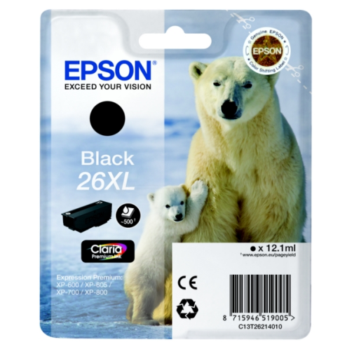 ORIGINAL EPSON 26XL Tintenpatrone schwarz High-Capacity XL 500 Seiten, 12,20 ml (C 13 T 26214010)