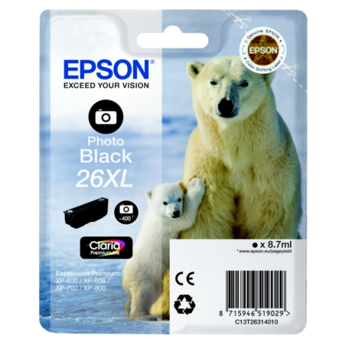 ORIGINAL EPSON 26XL Tintenpatrone schwarz foto High-Capacity XL 400 Seiten, 8,70 ml (C 13 T 26314010)