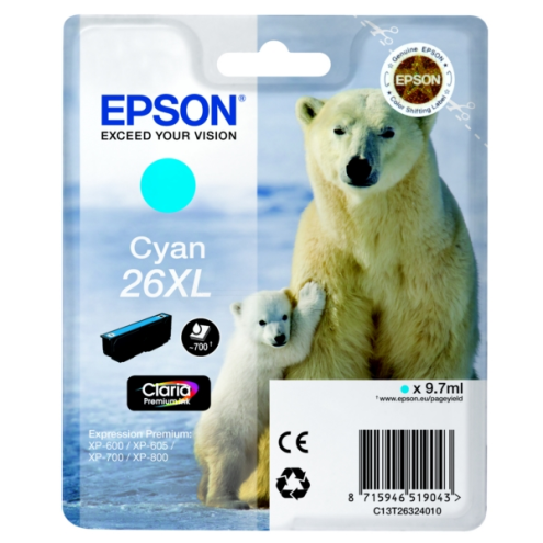 ORIGINAL EPSON 26XL Tintenpatrone cyan High-Capacity XL 700 Seiten, 9,70 ml (C 13 T 26324010)