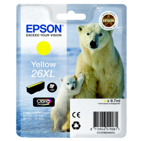ORIGINAL EPSON 26XL Tintenpatrone gelb High-Capacity XL 700 Seiten, 9,70 ml (C 13 T 26344012)