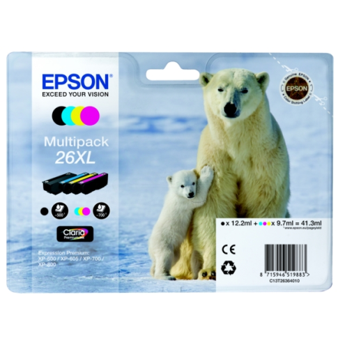 ORIGINAL EPSON 26XL Tintenpatrone MultiPack Bk,C,M,Y High-Capacity XL 1x500,3x700, 12ml 3x10ml (C 13 T 26364010)
