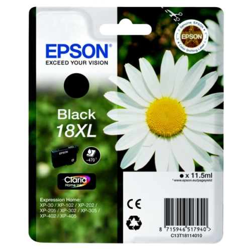 ORIGINAL EPSON 18XL Tintenpatrone schwarz High-Capacity 470 Seiten, 11,50 ml (C 13 T 18114012)