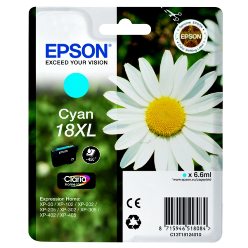 ORIGINAL EPSON 18XL Tintenpatrone cyan High-Capacity 450 Seiten, 6,60 ml (C 13 T 18124012)