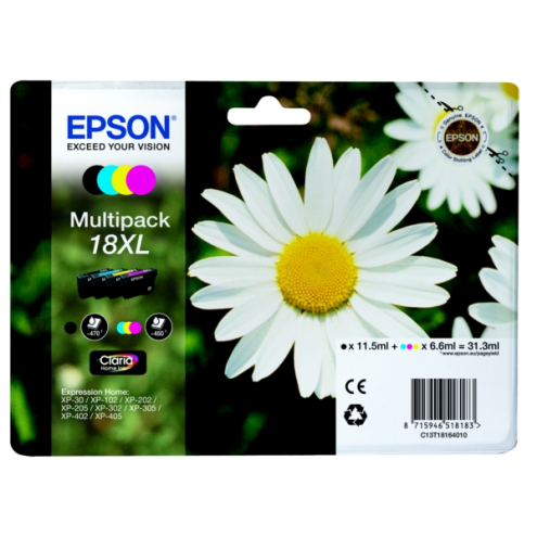 ORIGINAL EPSON 18XL Tintenpatrone MultiPack Bk,C,M,Y High-Capacity 470pg + 3x450pg, 1x 12ml + 3x 7ml (C 13 T 18164012)
