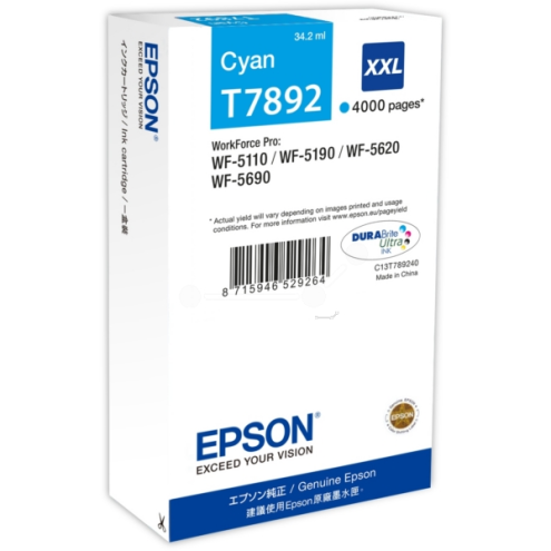 ORIGINAL EPSON T7892XXL Tintenpatrone cyan extra High-Capacity XXL 4.000 Seiten, 34,20 ml (C 13 T 789240)