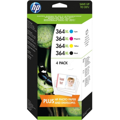 ORIGINAL HP 364XL Tintenpatrone MultiPack Bk,C,M,Y High-Capacity + Fotopapier 13x18cm 10 Blatt 550 Seiten, VE=4 (J3M83AE)