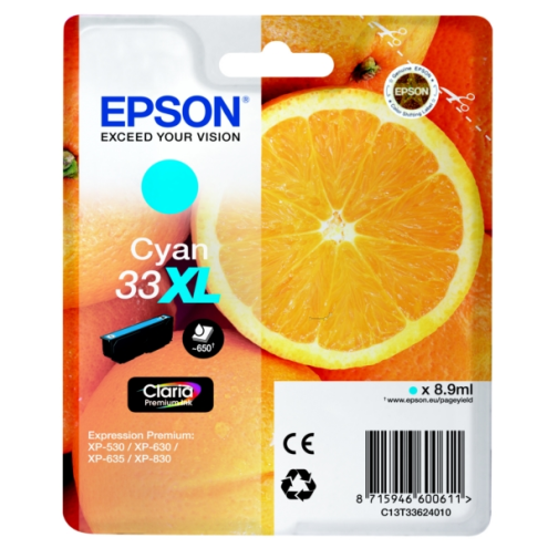 ORIGINAL EPSON 33XL Tintenpatrone cyan High-Capacity 650 Seiten, 8,90 ml (C 13 T 33624012)