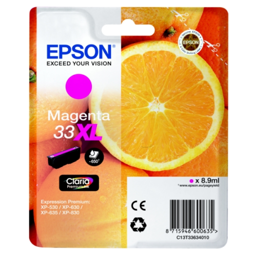 ORIGINAL EPSON 33XL Tintenpatrone magenta High-Capacity 650 Seiten, 8,90 ml (C 13 T 33634012)