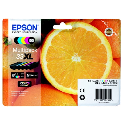 ORIGINAL EPSON 33XL Tintenpatrone MultiPack High-Capacity Bk,C,M,Y,PBK EasyMail 12,2ml+3x8,9ml+8,1ml (C 13 T 33574011)