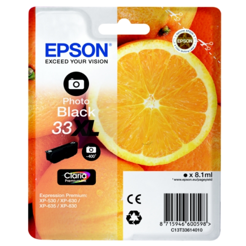 ORIGINAL EPSON 33XL Tintenpatrone schwarz foto High-Capacity 400 Seiten, 8,10 ml (C 13 T 33614012)