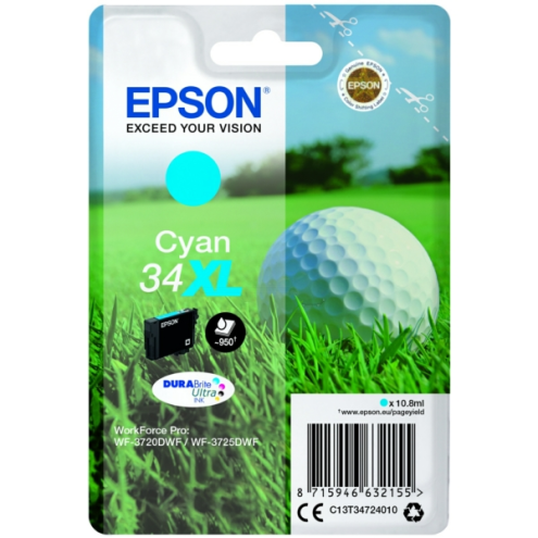 ORIGINAL EPSON 34XL Tintenpatrone cyan High-Capacity 950 Seiten, 10,80 ml (C 13 T 34724010)