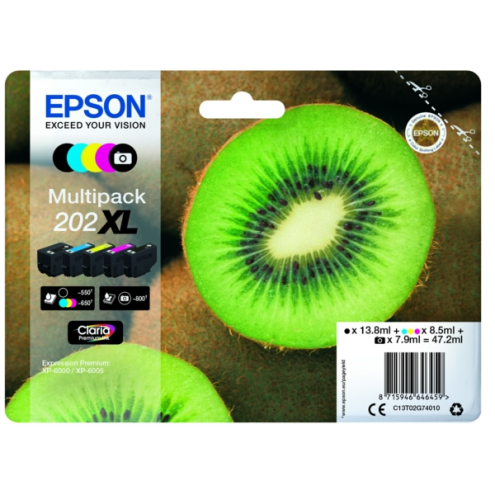 ORIGINAL EPSON 202XL Tintenpatrone MultiPack High-Capacity Bk,PhBk,C,M,Y 13,8ml 7,9ml 3x8,5ml (C 13 T 02G74010)