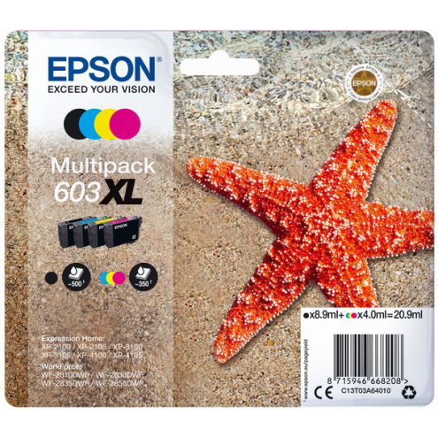 ORIGINAL EPSON 603XL Tintenpatrone MultiPack Bk,C,M,Y High-Capacity 8,9ml + 3x4ml (C 13 T 03A64010)