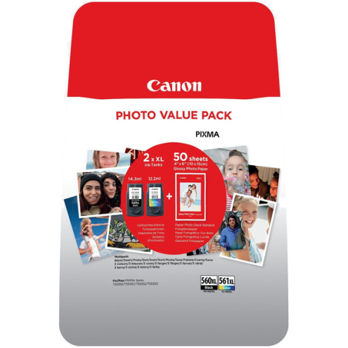 ORIGINAL CANON PG560XLCL561XL Druckkopfpatrone Multipack schwarz + color +50 Blatt Fotopapier 14,3ml + 12,2ml (3712 C 004)